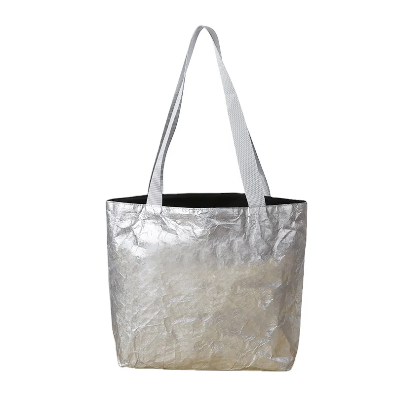 Silver shinning Carrier tyvek paper special tyvek custom shopping dupont paper tote bag with shoulder handle strap