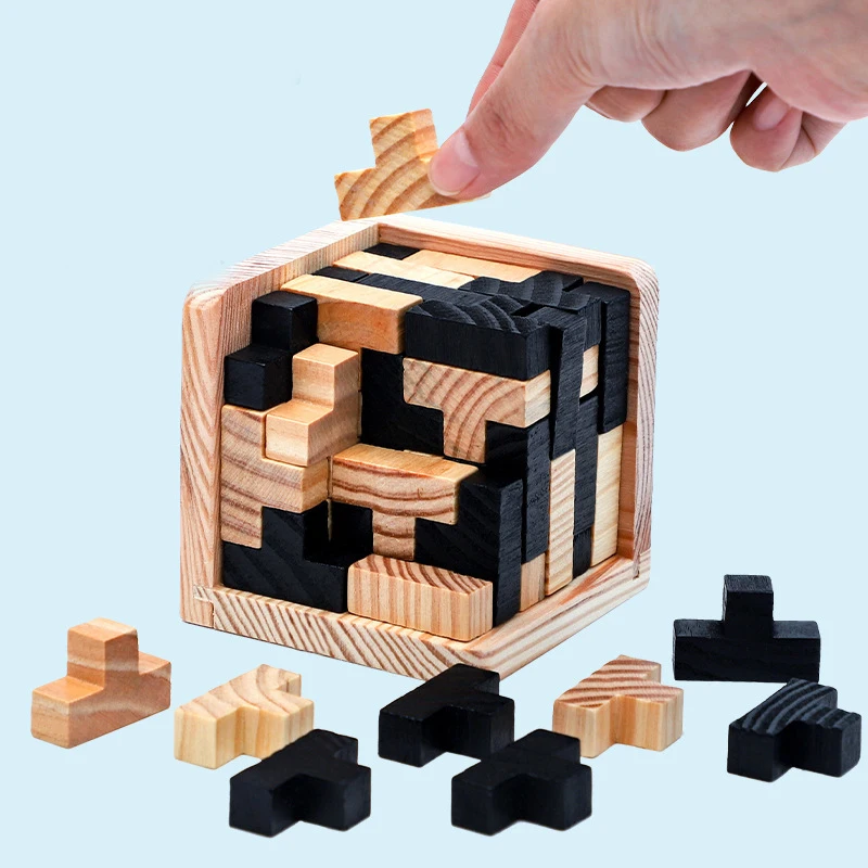 Hotsale Wooden Brain Teaser Puzzle Cube T-Shaped Jigsaw Logic Puzzle Educational Toy for Kids and Adults