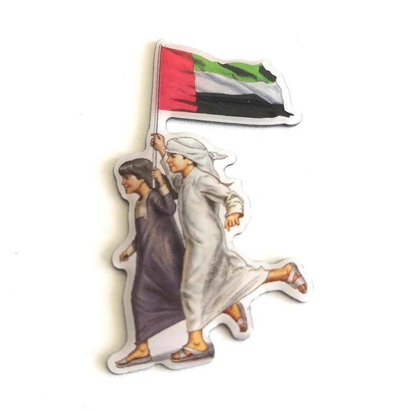 Wholesale printing UAE two people holding flag light weight stainless iron badge for souvenir