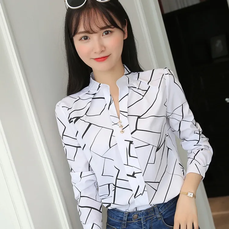 Women Casual Long Sleeve Stripe Print Tops Fashion Slim Office Blouse Ladies Work Shirts Plus Size Stand Collar Office Blusas