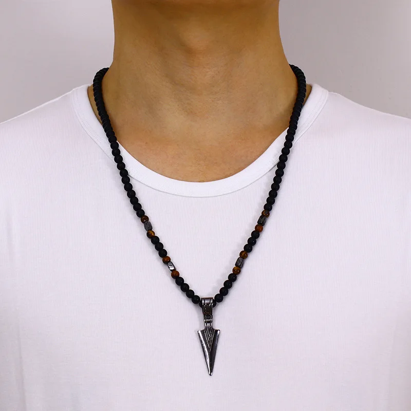 New Design Magnet Diamond-Shaped Column Triangle Pendant Natural Stone Round Beads Punk Necklace Men Jewelry Wholesale Gift