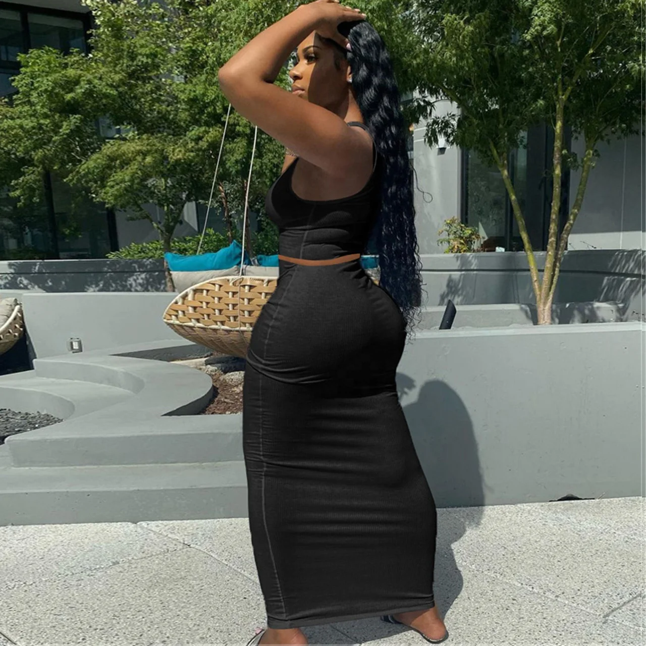 
XLL Summer wear clothing sleeveless two pieces maxi skirts and tank top sexy long pencil skirt sets women 2 piece outfits 