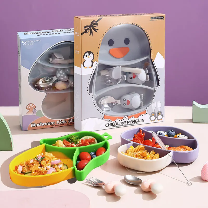 Infant Baby Kids Silicone Tableware Set Strawberry Carrot Penguin Mushroom Shape Silicone baby Feeding Dinner Plate Cutlery Set