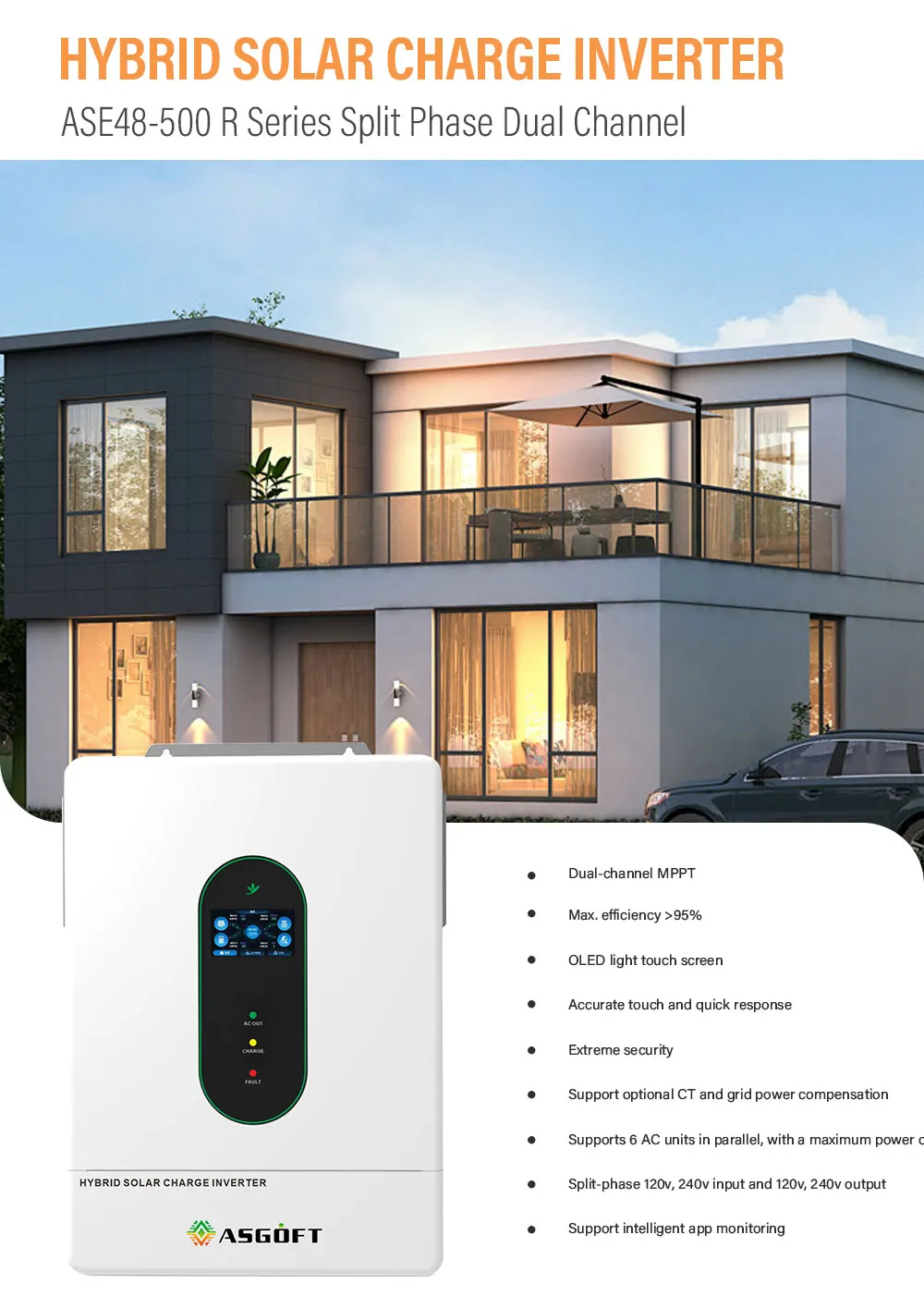 Asgoft split phase EU warehouse 220/230/240V Pure Sine Wave Hybrid System with MPPT 12kw 10kw 8kw solar inverter Smart on grid