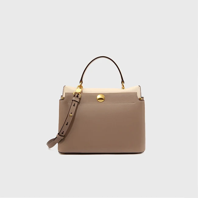 Khaki ladies casual tote satin gold plating buttons women pu leather handbag with adjustable strap