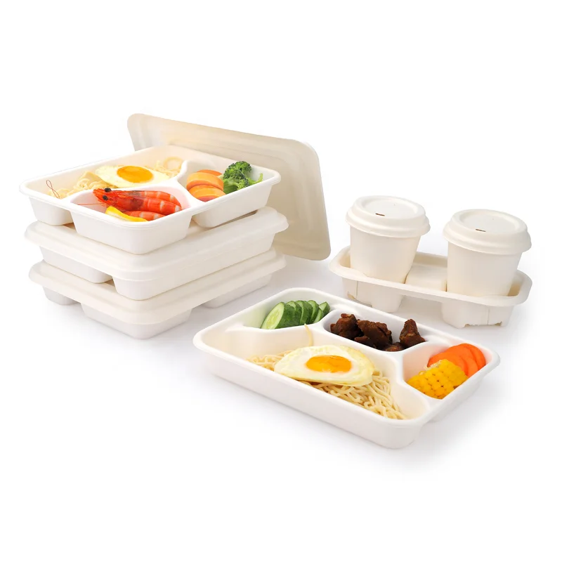 sugarcane bagasse disposable food container bagasse pulp rectangle plate straw pulp biodegradable tray (1600281653271)