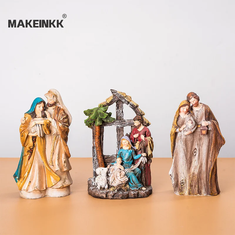 Custom Religious  Cove Catholic Mary Joseph Baby Jesus Polyresin Nativity Guardian Angel Figurine With Holy Family Statue