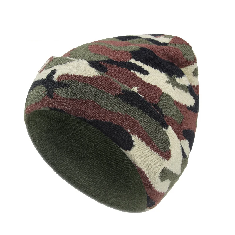 Customize Jacquard Camo Beanies High Quality Camouflage Fisherman Beanie Winter Acrylic Knitted Beanies With Custom Logo