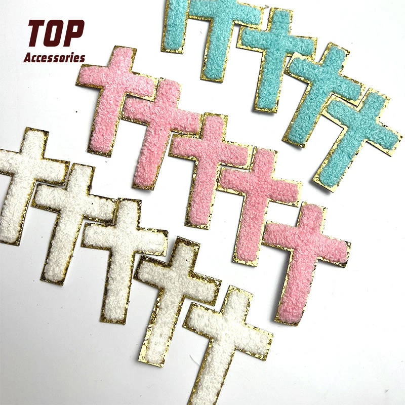Factory Price Wholesale Cross Chenille Designer Patches with Glitter