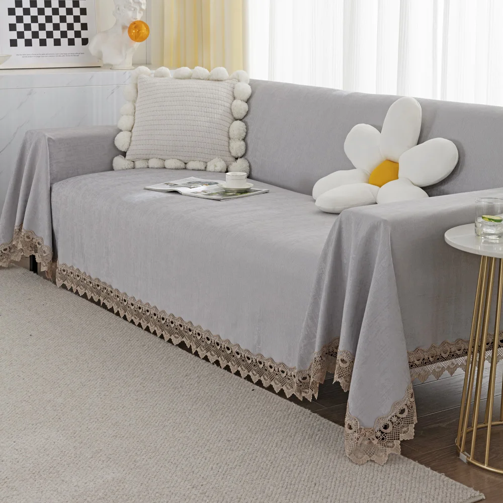 Недорогое индивидуальное полотенце для дивана из 100% полиэстера всех цветов с кружевным украшением для домашнего текстиля