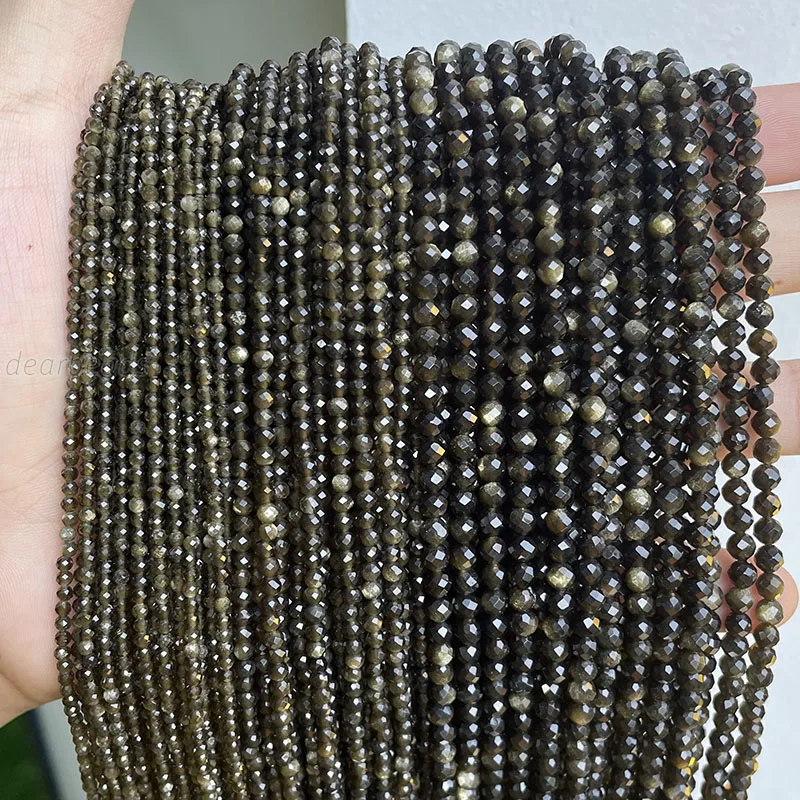 2mm 3mm 4mm Wholesale Natural Faceted Black Gold Silver Obsidian Beads Strands, Faceted Stone Bead for Jewelry Making