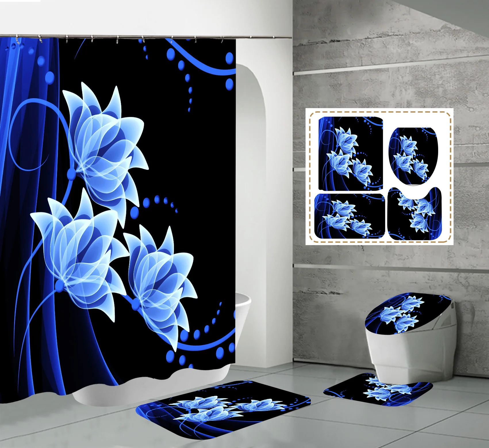 Promotion Custom Design Digital Printing Mildew Resistant Waterproof Bathroom 4 pcs set  Shower Curtain