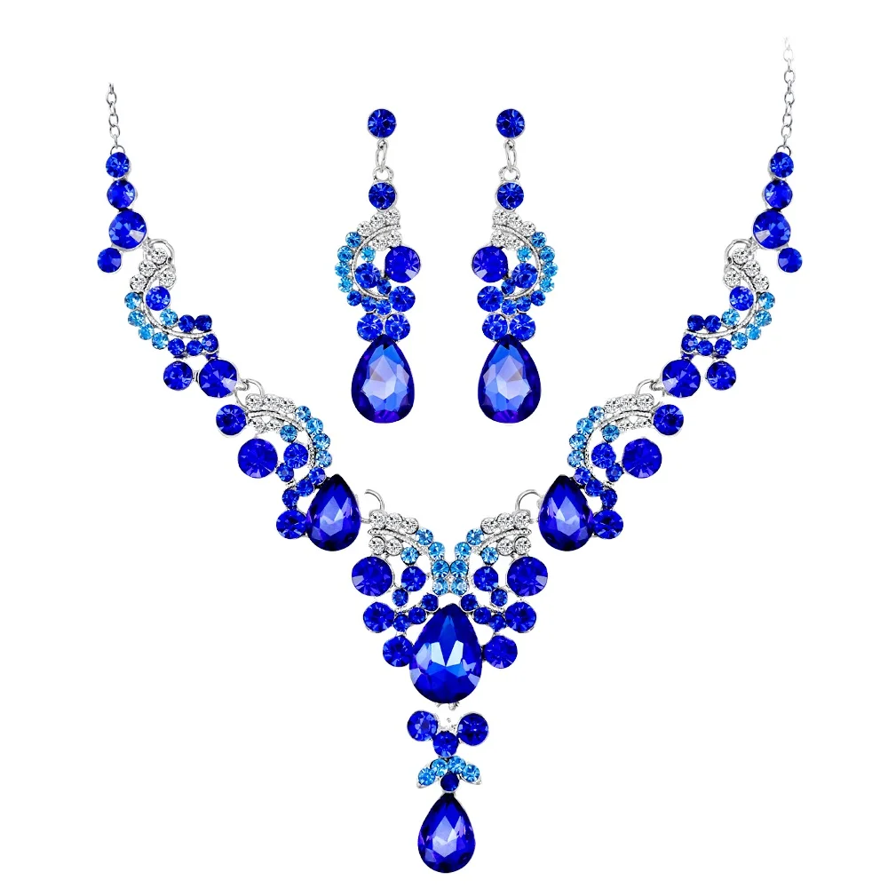 Women Wholesale Colorful White Red Blue Yellow Zirconia Crystal Rhinestone Necklace Earrings Viennois Jewelry Dubai Sets