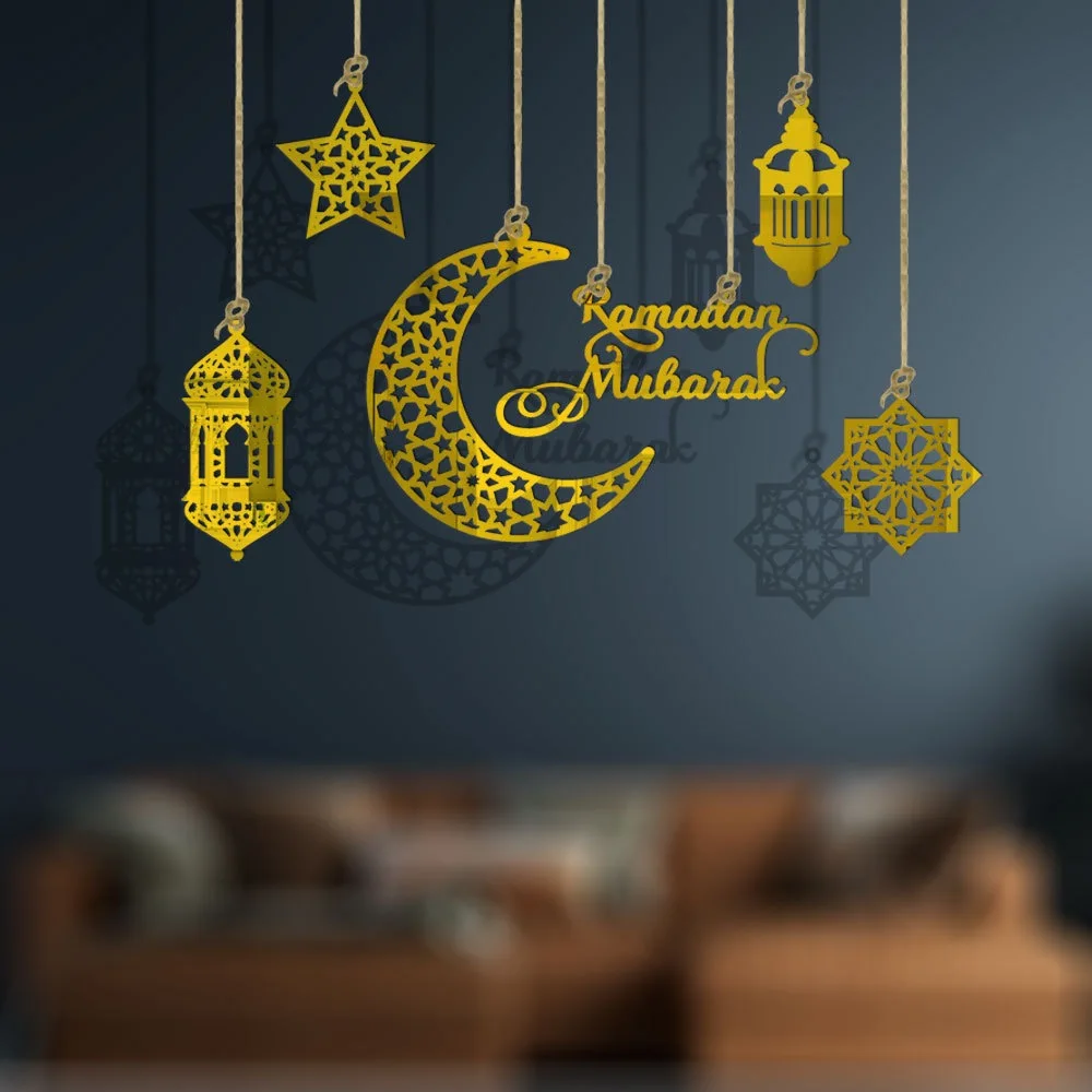 Hot Wholesale Muslim Mirror Decorative Pendant Moon Stars Stereoscopic Acrylic Mirror Pendants