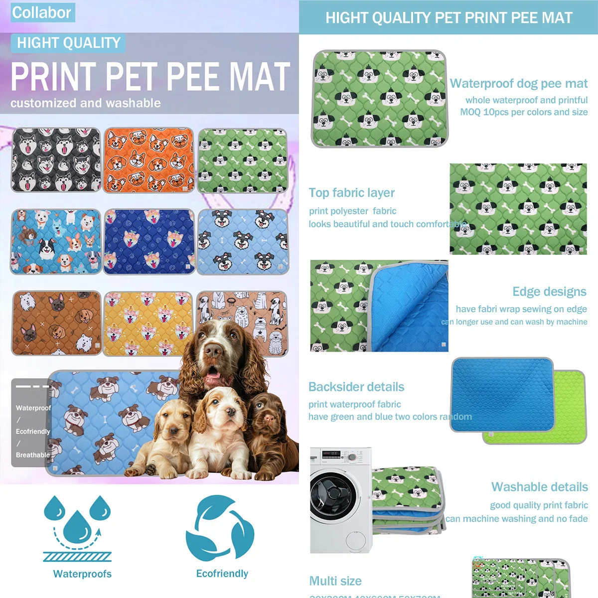 COLLABOR 10 Colors Print stock Reusable 60x60 pee pad wholesale Manufacturer pee pad 5 Layer Washable round pee pad Absorble