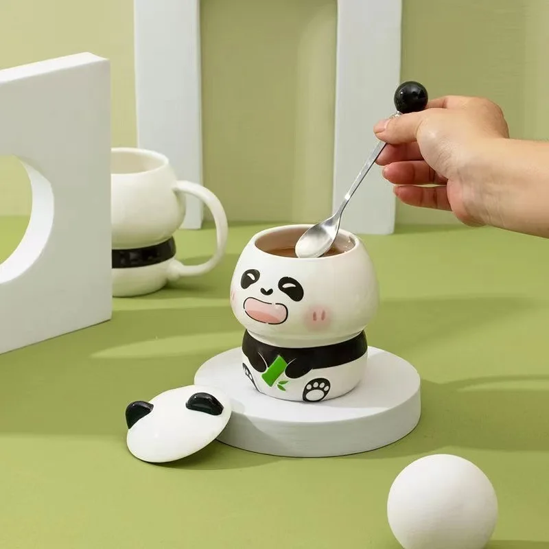children birthday gift ceramic cute 3d panda coffee mug with lid and spoon