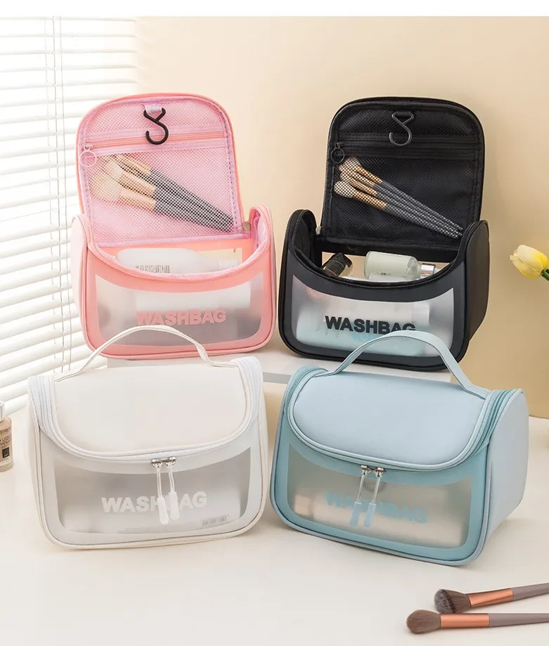 New transparent women makeup bag  large clear pvc cosmetic bag waterproof portable storage  travel hook washing bag