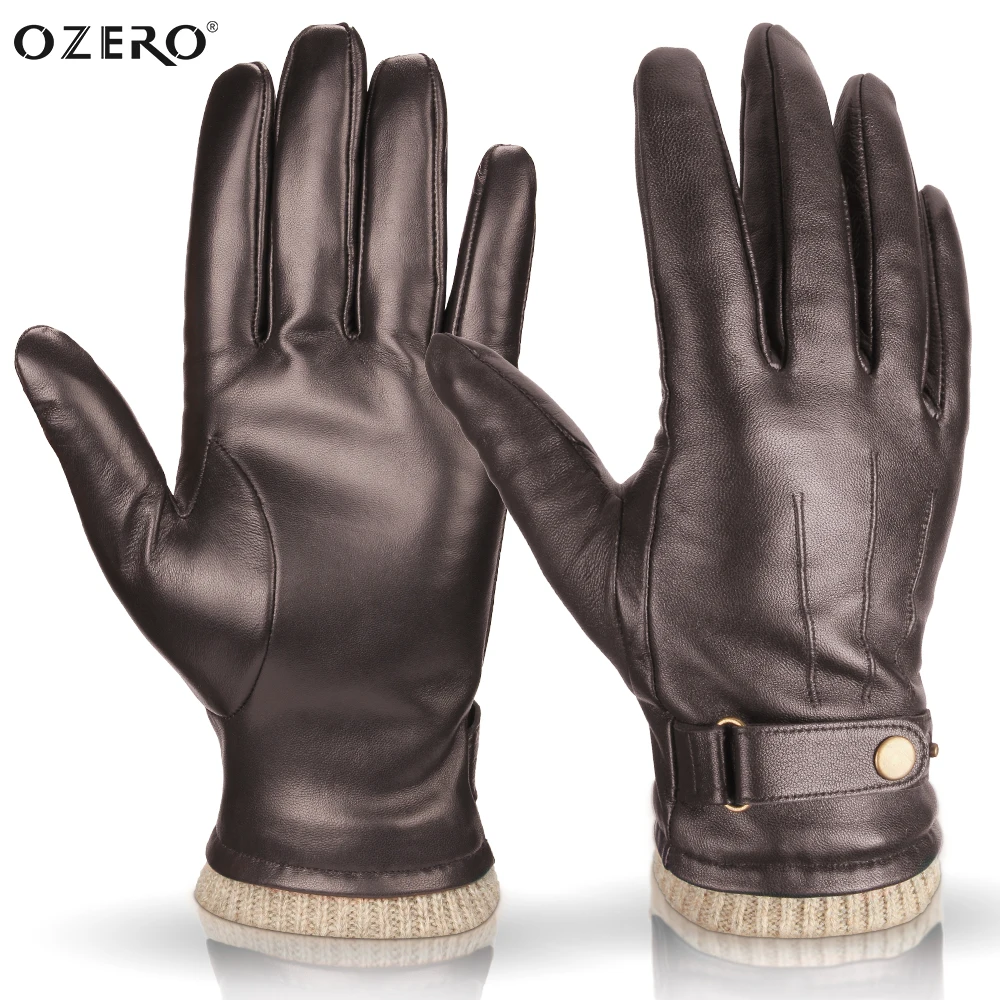 OZERO Mitten Running Cold Resistant Factory Sheepskin Knit Lining TouchScreen Leather Gloves For Men