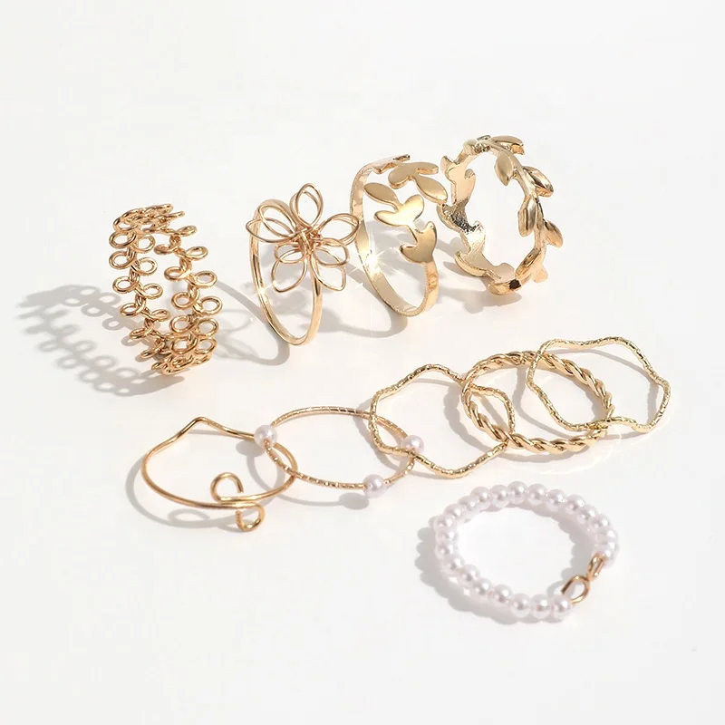 Bohemian Gold Color Flower Ring Set 10 pc Hollow Butterfly Pearl Heart Geometric Rings Finger Simple Jewelry Set
