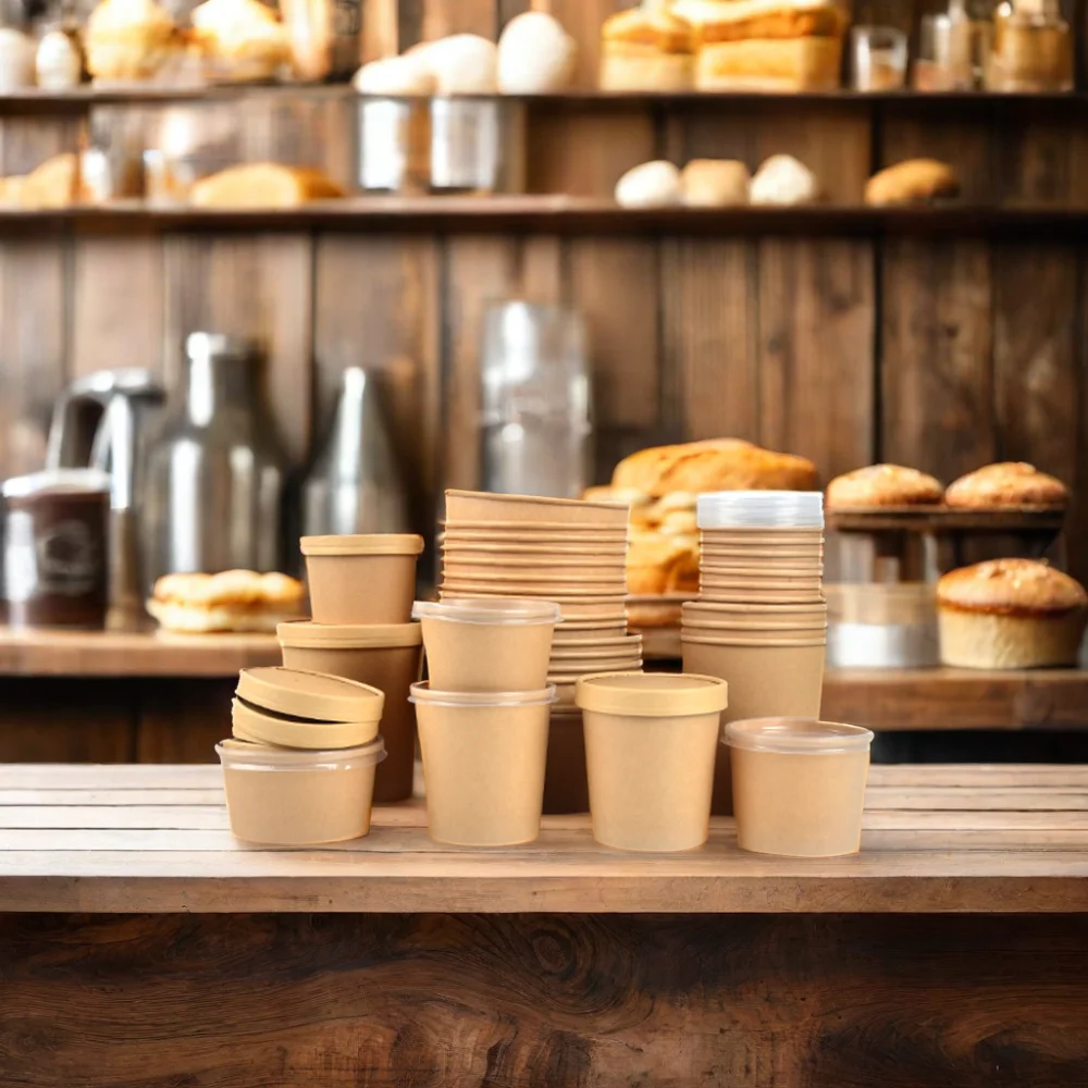 SenAng05 Food Grade Disposable Kraft Paper 12oz Porridge Bucket Portable Microwavable Paper Soup Cup With Lids