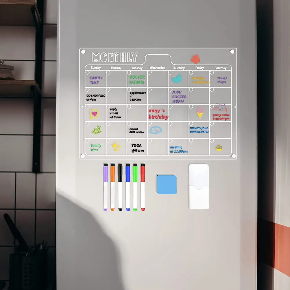 Acrylic Fridge Calendar Acrylic Monthly Calendar Clear Acrylic Dry Erase Calendar Board, for Fridge Includes 6 Color Markers