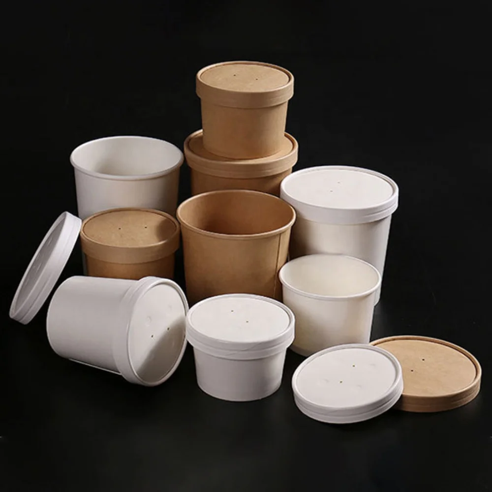 8oz-32oz Compostable Disposable Round white Kraft Paper Lunch Soup Bowl Takeaway Food Salad Packaging Round Cup with Lid