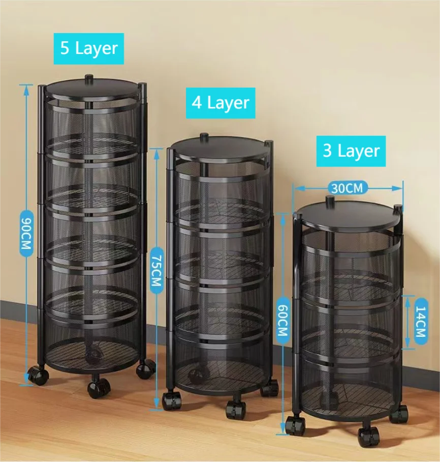 Carbon Steel round Rotatable fruit basket Kitchen Storage with Wheel  Holders & Racks