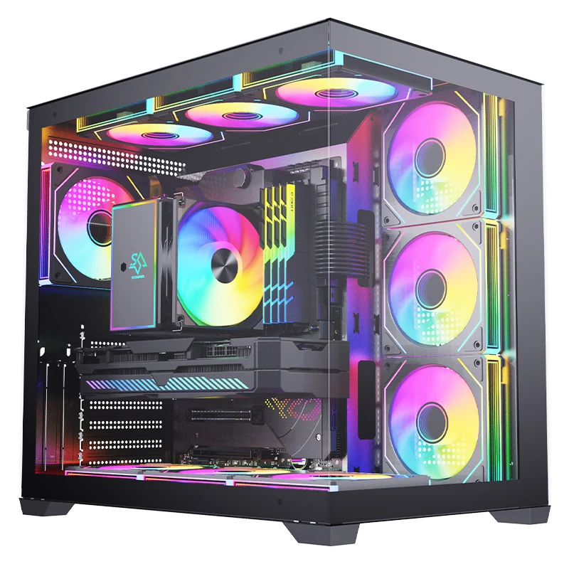 SNOWMAN CS015 Black Micro ATX Gaming Computer Case Desktop Mid Tower Dual Tempered Glass 360MM RAD Support With Type-C PC Case