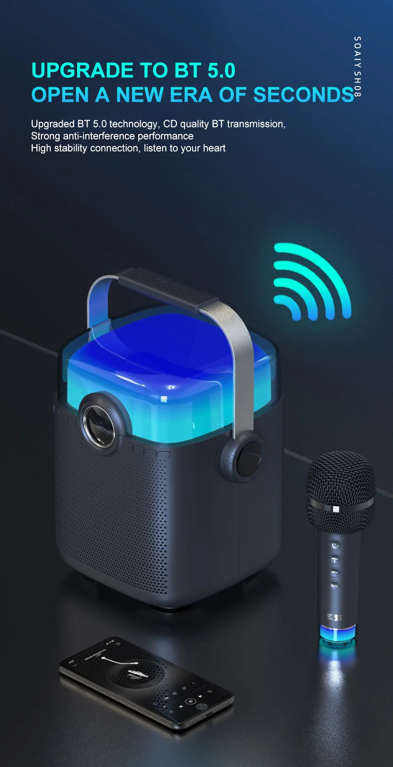 Soaiy Sh08 Mini Portable Speaker With Wireless Microphone Surround Sound Support Bt Usb Tf Card Subwoofer Speaker