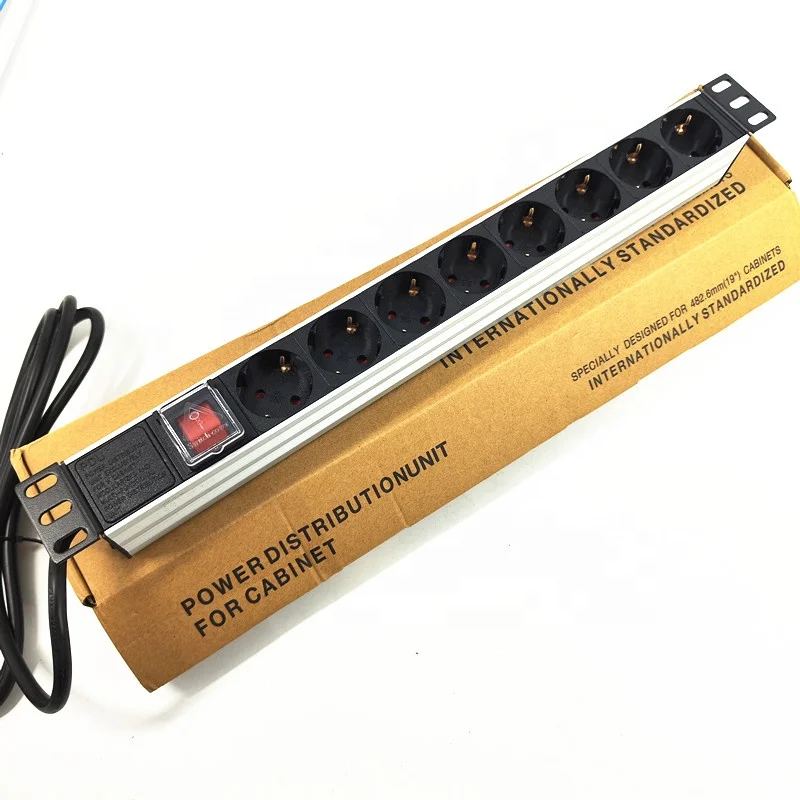 Silver 19in 1EU 16A 8way German PDU Cabinet Rack Mount Regulation Socket Outlet /Switch Eu Power Strip Distribution Unit