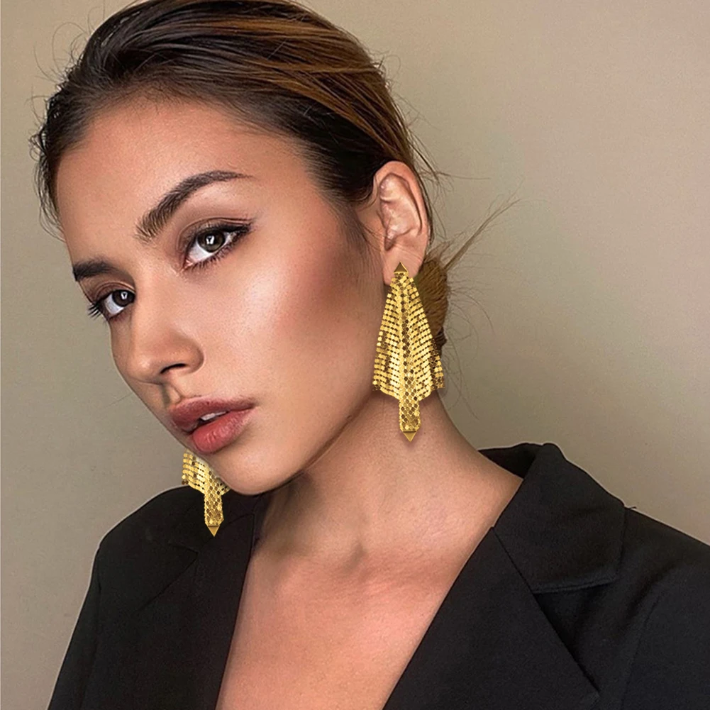 Large Luxury Dangle Earrings For Women Shiny Real Gold Plated Mesh Grid Sequins Metallic Disco Earrings For Prom Party Dress Up