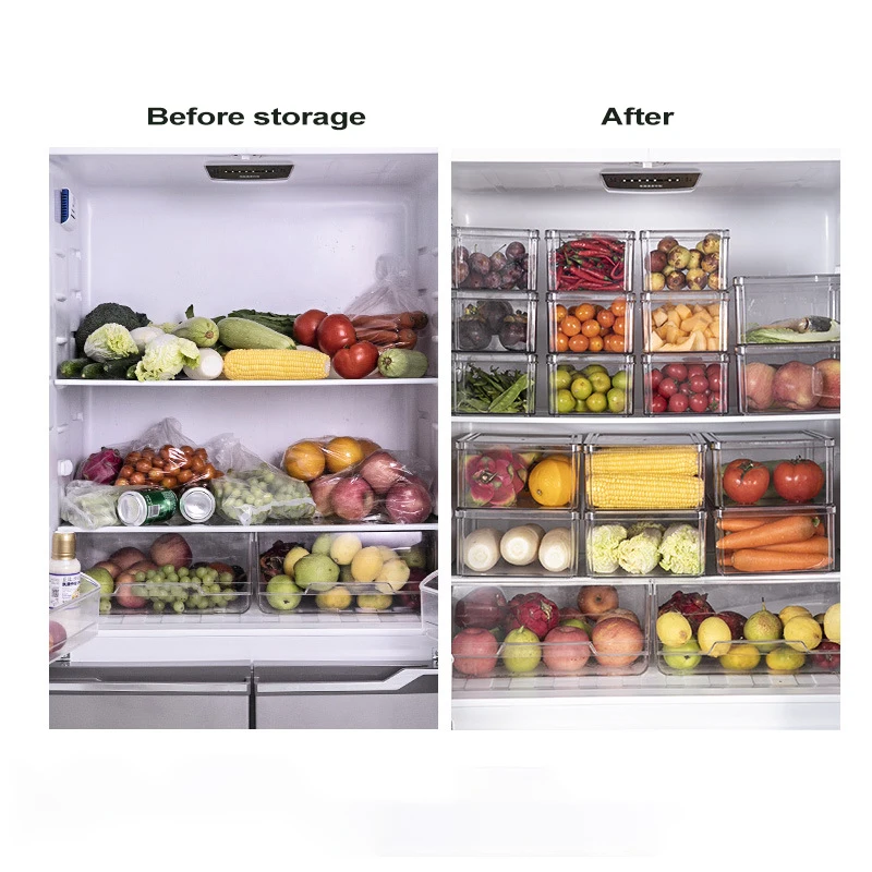Clear Plastic Freezer Refrigerator Food Storage Box Fridge Storage Containers Stackable Organizer Bins With Removable Drain Tray
