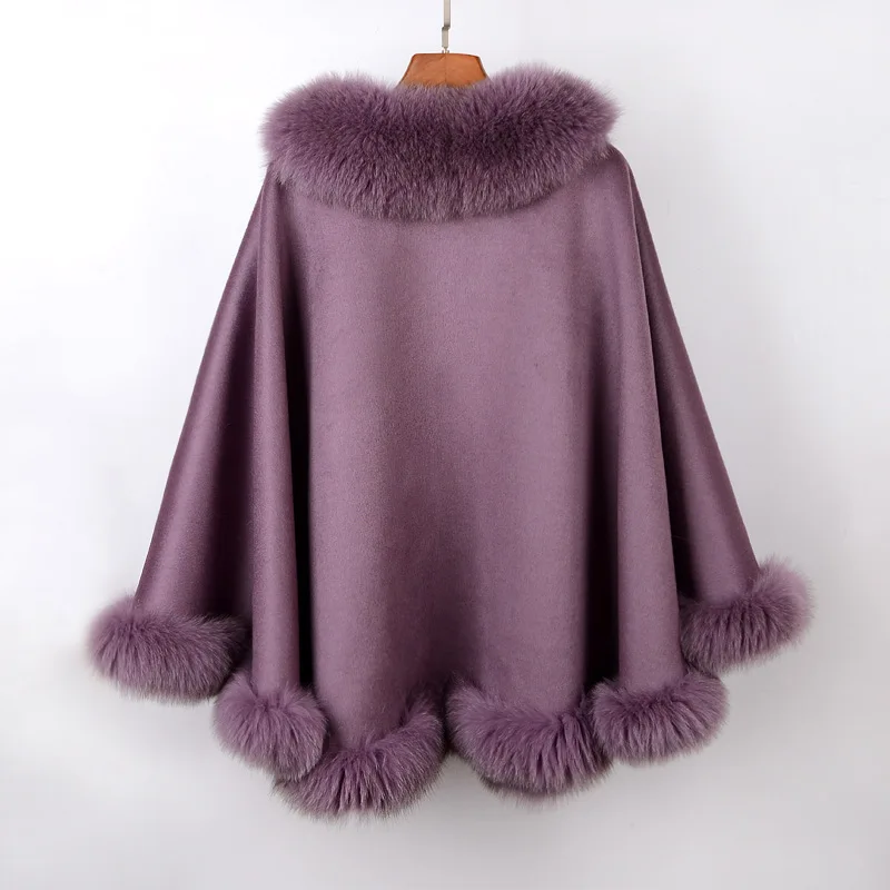 100% Cashmere Women Wool Knitted Poncho Women Winter Real Fox Fur Shawl
