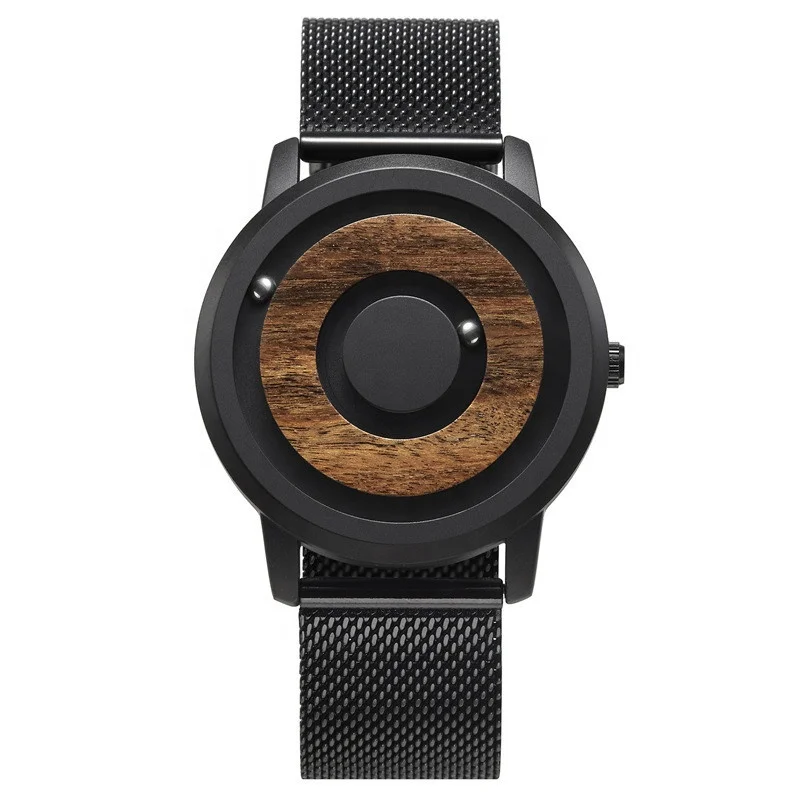 Luxury Classy Quartz Black Steel Watch With Wood Dial Magnetic Ball Wooden Watches For Men And Women