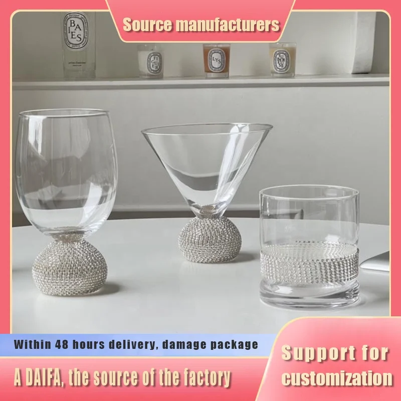 Wholesale High-end Handmade Glass Cup Diamond Studded Ball Shape Wine Glass Whiskey Glass Cup for Party Wedding