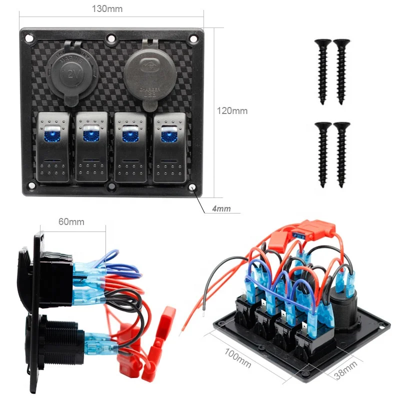 QC3.0 USB Charger Voltmeter 12V-24V DC Rocker Switch with Cigarette lighter socket 4 Gang Rocker Switch Panel