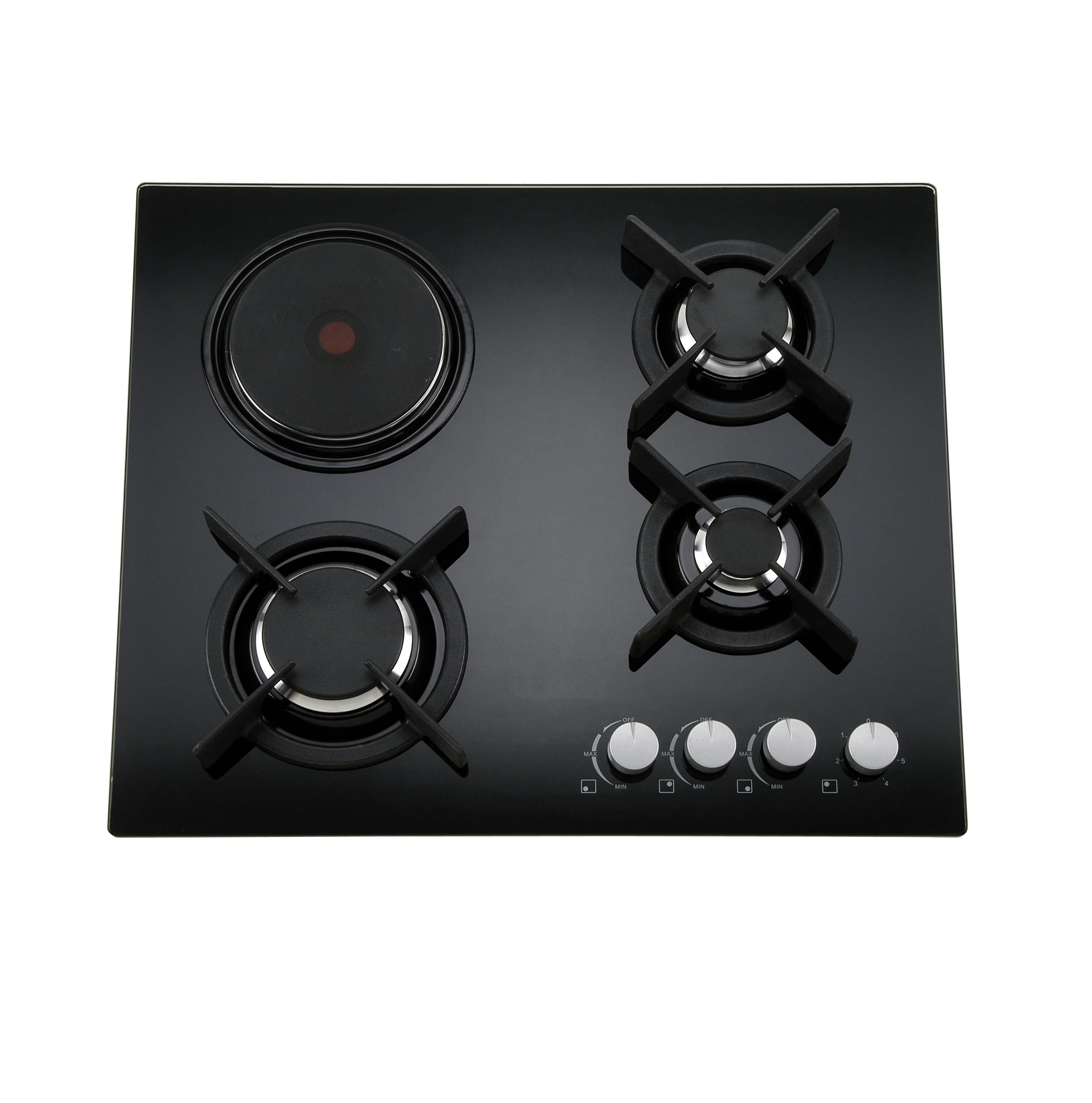 60cm/23.6 inch Built in Gas Cooktop, 4 Burners, Black Glass, Battery Ignition, Gas Stove Top