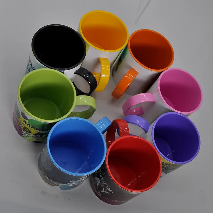 11oz Custom Printed Coffee Cup Blanks Sublimation  Plastic Inner Color Mug With Handle