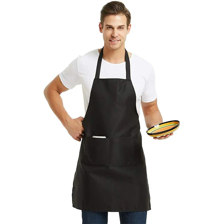 Adjustable Bib Apron Thicker Polyester Waterdrop Resistant with Pockets Black Cooking Kitchen Uniform Aprons for Women Men
