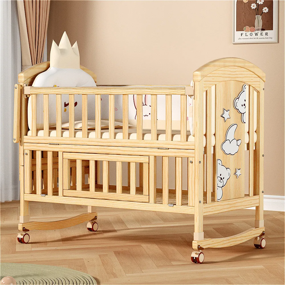 New Multifunctional Bedside Cot Bed Solid Wood Wheels Cribs For 0-6 Years Old