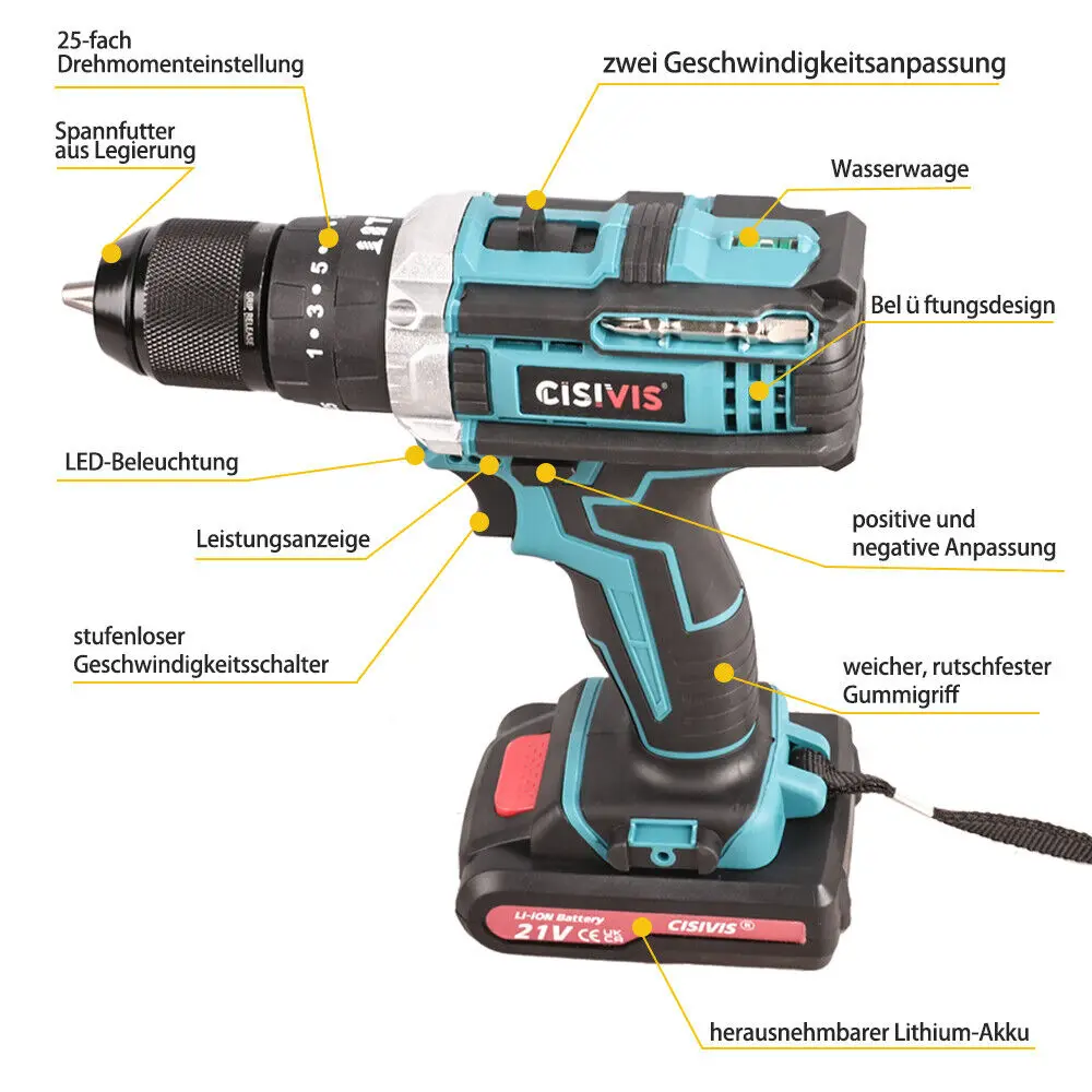 21V Cordless Power Drill Handheld Quick Electric Screwdriver Lithium-Ion Battery Brush Motor Impact Hammer DIY Customizable OEM