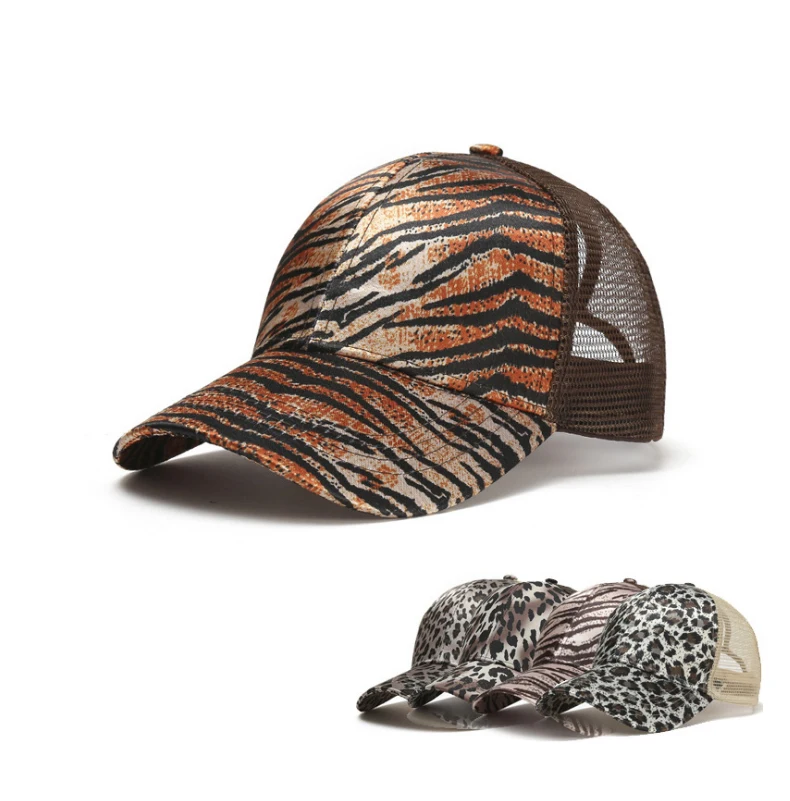 2021 Summer Leopard Tiger Sports Baseball Cap Adjustable Ponytail Hat Baseball Cap Mesh Trucker Hat For Dad