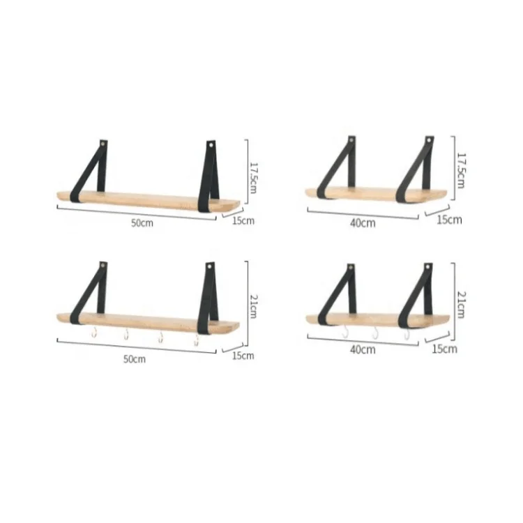 living room Wall Mounted Wooden Wall Hanging Wood Shelf floating Book Shelf with Leather Stra