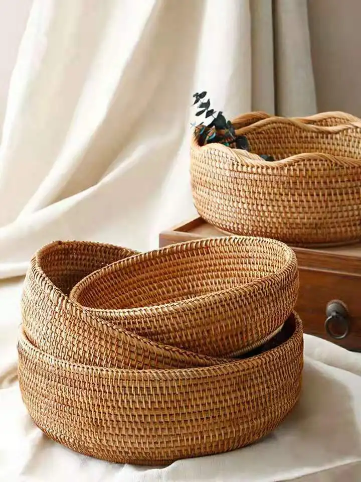 Eco-Friendly Round Shape Woven Rattan Bread Tray Basket With Handles