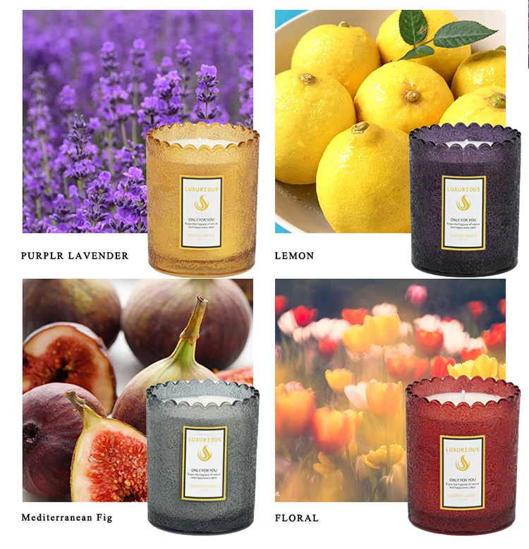 40h Burning Time Lace Edged Glass Jar Scented Candles Smokeless Soy Wax Natural Ingredients Unique Fragrances for Ambiance