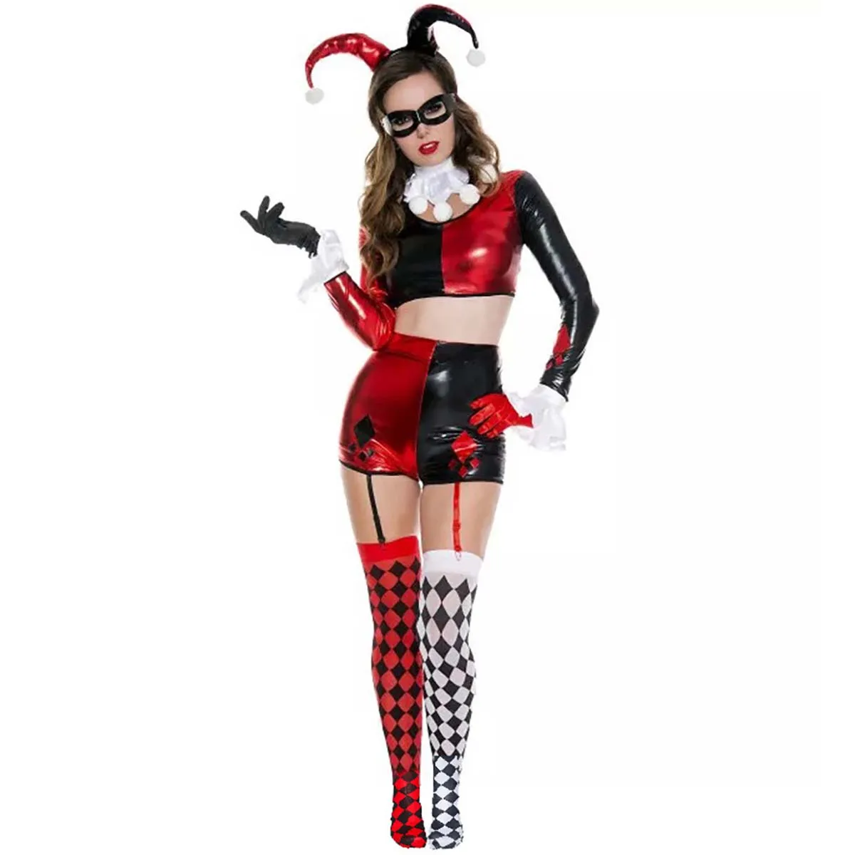 Hot Sale Carnival Party Funny Halloween Sexy Black Red Grid Evil Clown Costumes DCMO-001