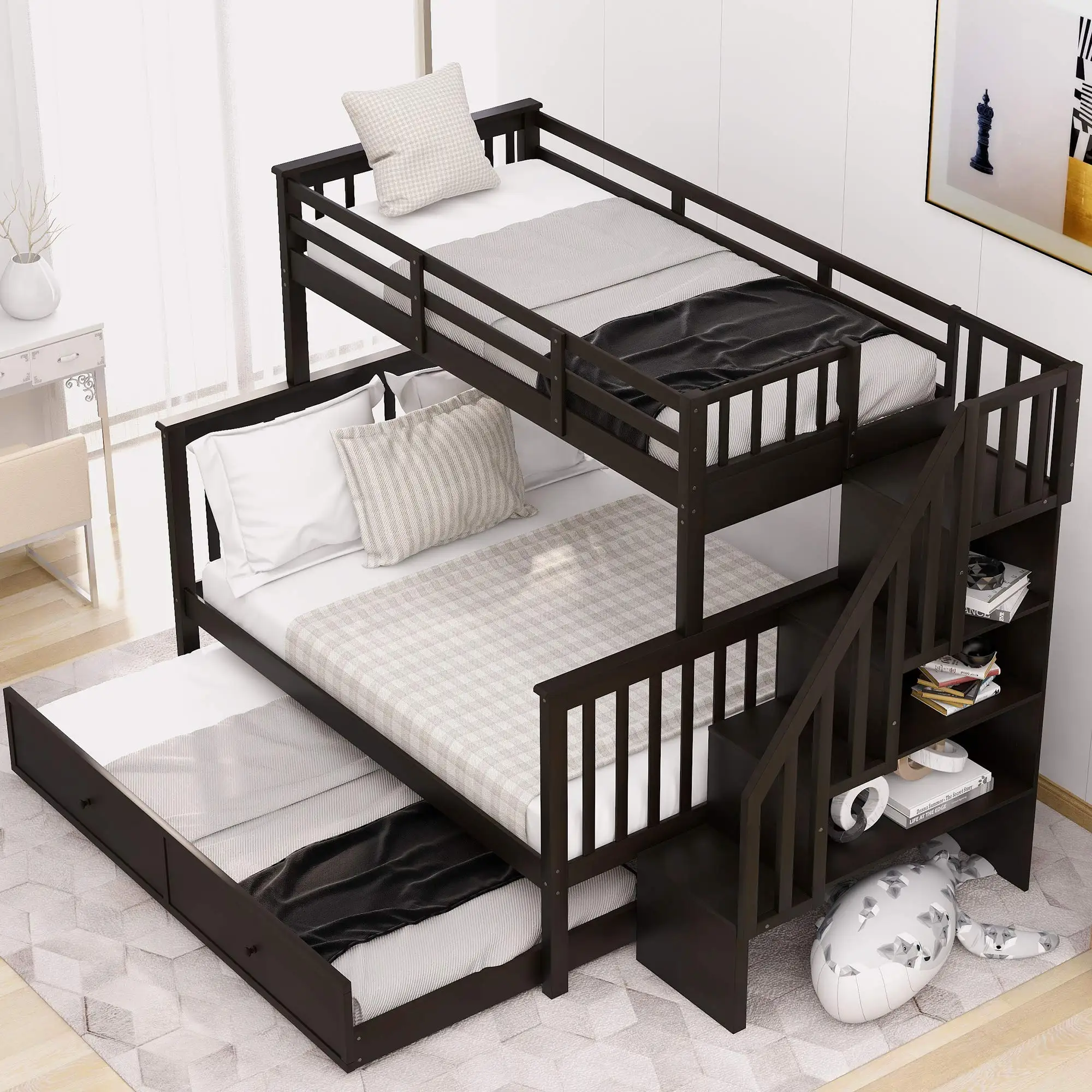 Bedroom Kids and Teens Twins Bed Solid Wood Bunk Bed Frame With Ladder and Stairs