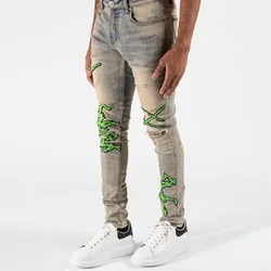 Customized 3D Distressed Embroidered Snake Ripped Denim Jean For Men