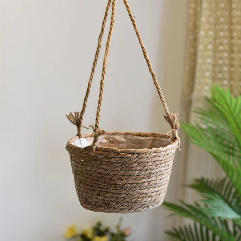 Natural Straw Woven Hanging Planter Baskets Garden Potted  Hanging Vase Large Capacity Rattan Basket Hand Woven Plant Holder