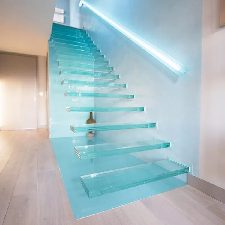 floating staircase system construction laminated glass steps treads with led light prices